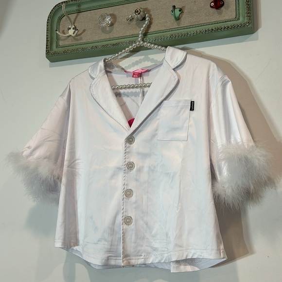 clueless ugh As if white cropped button front sleep top with faux fur sleeve M/L - Picture 6 of 9